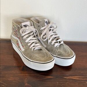 Vans Sk8-Hi Platform Suede High-Top Sneakers in Light Beige with Floral Accents